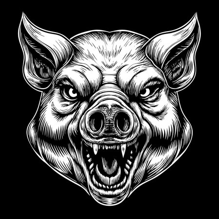 Intense, snarling pig head illustration in black and white, baring fangs on a dark backgroundのイラスト素材