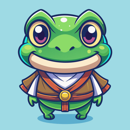 A cute, cheerful cartoon frog with big eyes smiles, wearing a brown robe and orange belt on a blue backgroundのイラスト素材