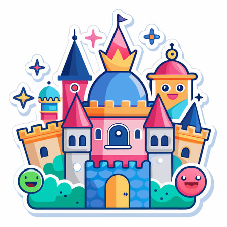 Cartoon castle illustration featuring colorful turrets, a crowned dome, sparkling details, and cute facesのイラスト素材