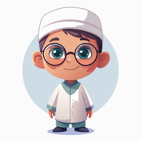 A cute cartoon boy in a white cap and glasses smiles. He wears a white tunic with green trimのイラスト素材