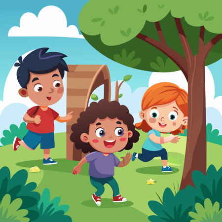 Three diverse children happily play and run in a sunny park with a tree, bushes, and wooden archのイラスト素材