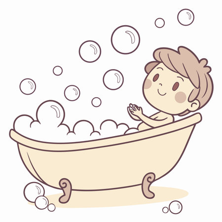 Happy cartoon child bathing in a tub filled with white bubbles, smiling and playing with foamのイラスト素材