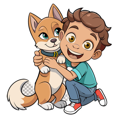 Happy cartoon boy with brown hair kneels, affectionately hugging a small, light brown dog. Both smileのイラスト素材