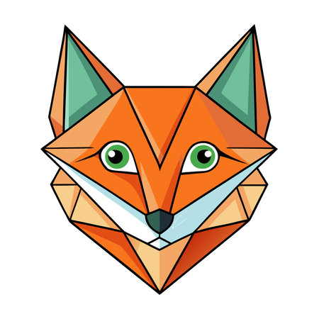 Geometric orange fox head illustration with green eyes, formed by interconnected polygons and clean linesのイラスト素材