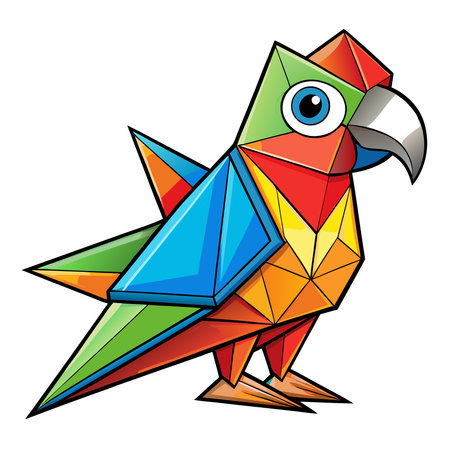 A vibrant, multi-colored geometric parrot illustration with sharp angles, a white beak, and a blue eyeのイラスト素材