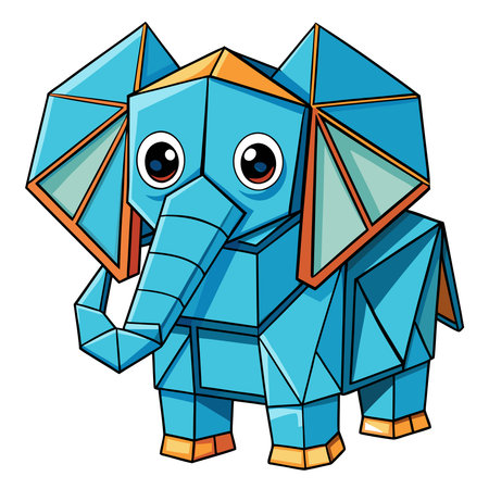 A cute, polygonal cartoon elephant illustration in bright blue with orange accents, featuring big eyesのイラスト素材