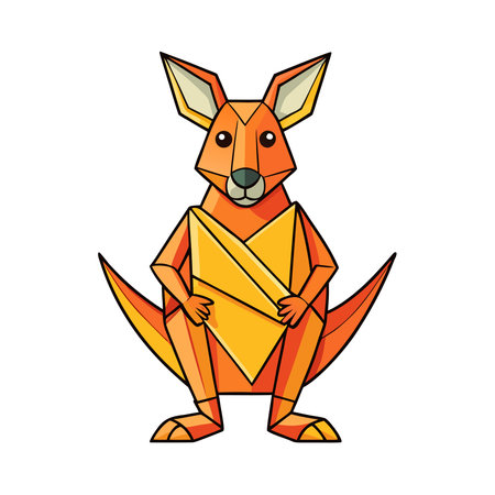 Vibrant geometric kangaroo illustration, orange and yellow facets, standing upright, isolated on whiteのイラスト素材