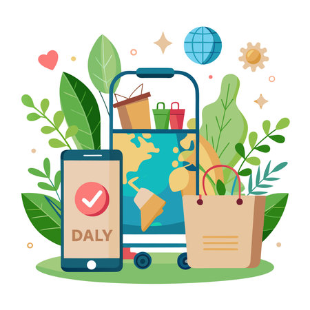 Smartphone and shopping cart with global map, surrounded by green leaves, symbolizing eco-friendly online deliveryのイラスト素材