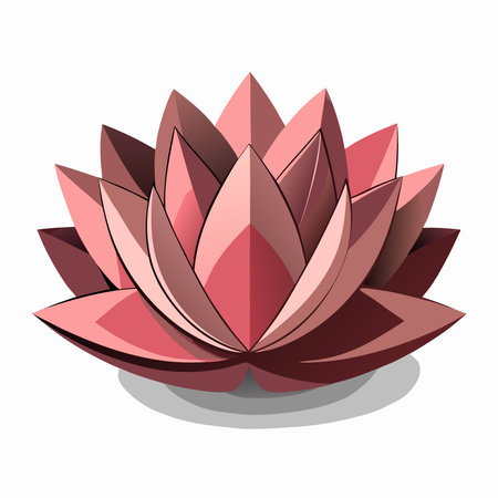 Pink and red stylized lotus flower with multiple layered petals and a subtle ground shadowのイラスト素材