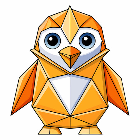 Adorable polygonal orange penguin character with white details and big blue eyes on whiteのイラスト素材