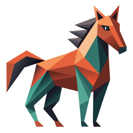 Abstract low poly horse illustration, orange, teal, and black triangular facets on a white backgroundのイラスト素材