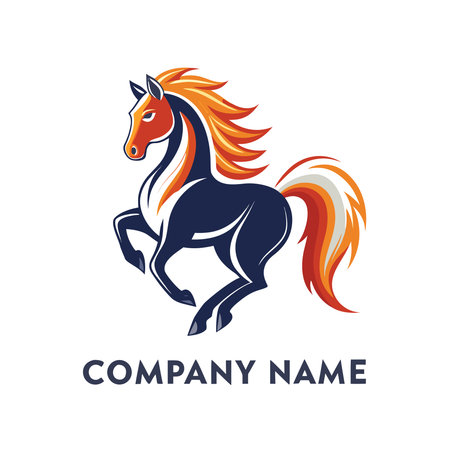 Stylized dark blue horse rearing, vibrant orange and yellow mane/tail, reddish face, dynamic poseのイラスト素材