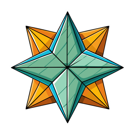Stylized eight-point star, teal and orange facets, geometric illustration with bold outlinesのイラスト素材