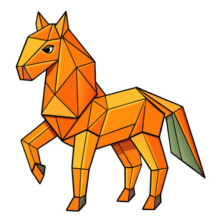 A vibrant orange geometric polygonal horse sculpture stands on a white background, raising a front legのイラスト素材