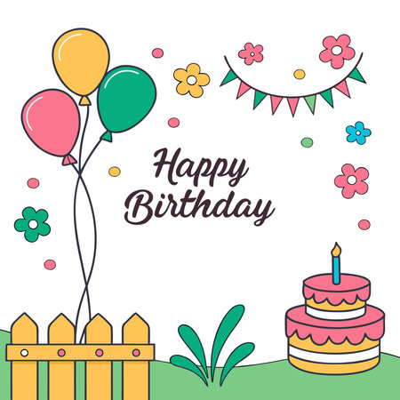 Cartoon birthday scene with balloons, cake, flowers, bunting, fence, and "Happy Birthday" text on whiteのイラスト素材