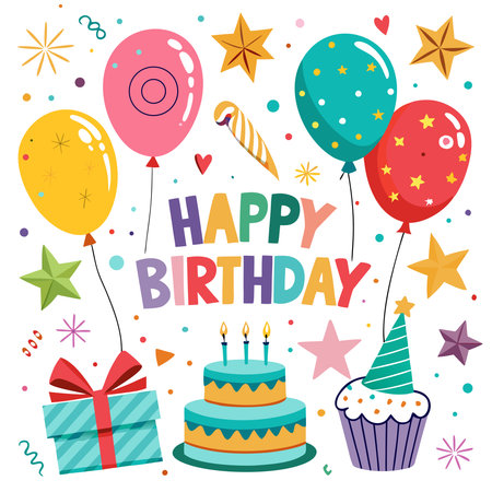 Colorful flat illustration of a birthday celebration with balloons, cake, gift, and "HAPPY BIRTHDAY" textのイラスト素材