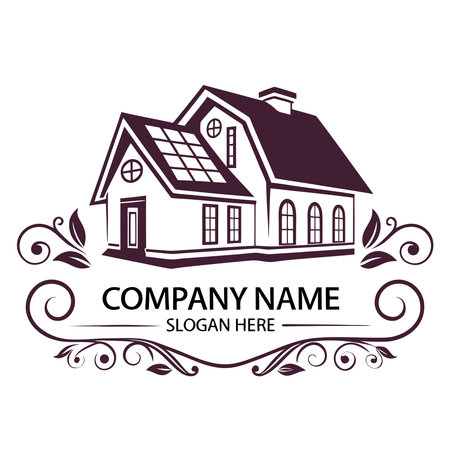 Elegant emblem stylized house, solar panels on roof, framed by swirling floral ornaments. Eco-friendly home conceptのイラスト素材