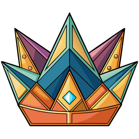 Vibrant geometric crown illustration in shades of orange, blue, teal, purple, and gold with a central gemのイラスト素材