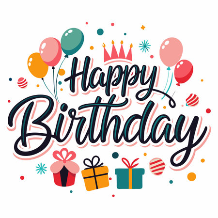 Stylized colorful 'Happy Birthday' text surrounded by balloons, gift boxes, a crown, and confettiのイラスト素材