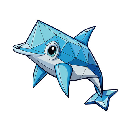 Cute blue geometric dolphin, faceted crystal-like design, large eyes, swimming pose, isolated on whiteのイラスト素材