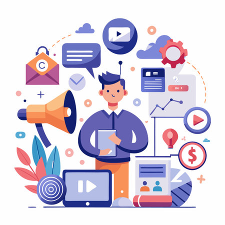 Person surrounded by digital marketing elements megaphone, video, email, charts, money. Strategy conceptのイラスト素材
