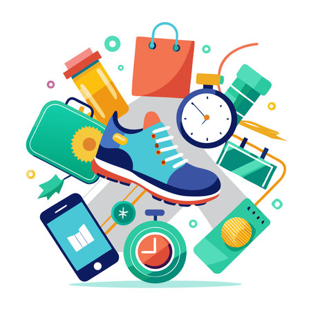 Dynamic flat design showing a running shoe surrounded by various fitness, travel, and tech itemsのイラスト素材
