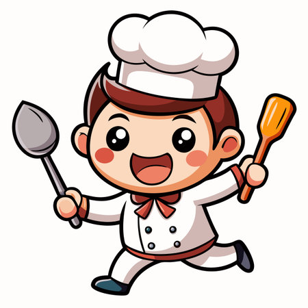 Happy cartoon chef in white uniform and hat, running joyfully, holding a spoon and spatulaのイラスト素材