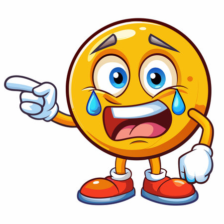 A yellow, round cartoon emoji character laughing hysterically with tears and pointing its fingerのイラスト素材