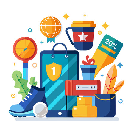 Vibrant illustration of e-commerce elements phone shopping bag, discount, rewards, delivery, and achievementのイラスト素材