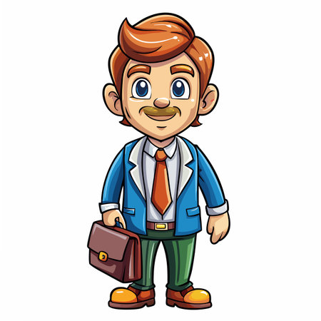 A friendly cartoon businessman with a mustache, wearing a blue jacket and tie, holding a brown briefcaseのイラスト素材