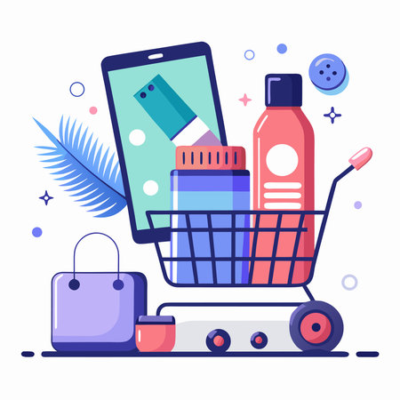 E-commerce concept with a smartphone, shopping cart, and various consumer goodsのイラスト素材