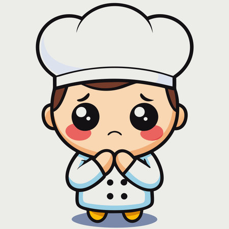 A small, sad cartoon chef in white uniform and hat, with large pleading eyes and clasped handsのイラスト素材
