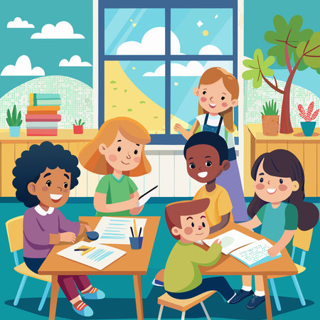 Diverse young children happily learning in a bright classroom with a teacher, surrounded by books and natureのイラスト素材