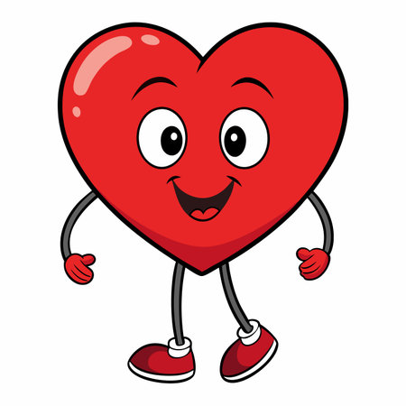 A vibrant red cartoon heart with a happy face, arms, and legs, wearing shoes and smiling cheerfullyのイラスト素材