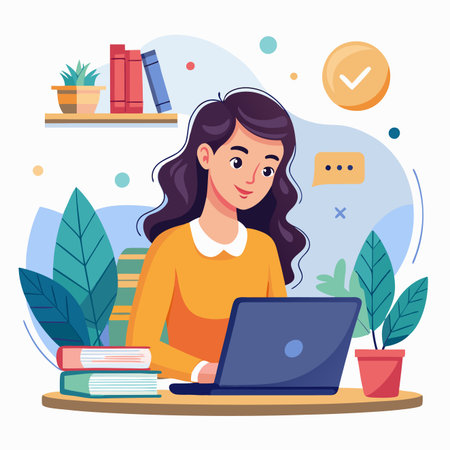 A happy young woman in an orange top works on a laptop at a desk with books and plantsのイラスト素材