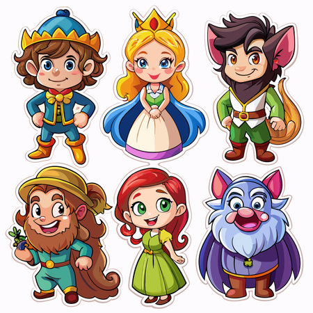 Six vibrant cartoon fantasy characters including a prince, princess, forest creatures, and a villagerのイラスト素材