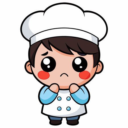 Cute animated chef character appears sad, with big teary eyes, rosy cheeks, and clasped handsのイラスト素材