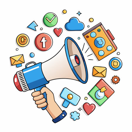 Cartoon hand holding megaphone surrounded by various communication, marketing, and social media iconsのイラスト素材