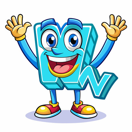 A cheerful blue cartoon letter "W" character with a big smile, waving arms, and sneakers on white backgroundのイラスト素材