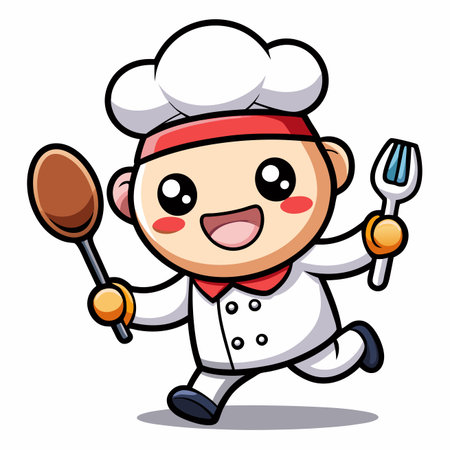 Cute cartoon chef in white uniform and hat, red bandana, happily running, holding a spoon and forkのイラスト素材