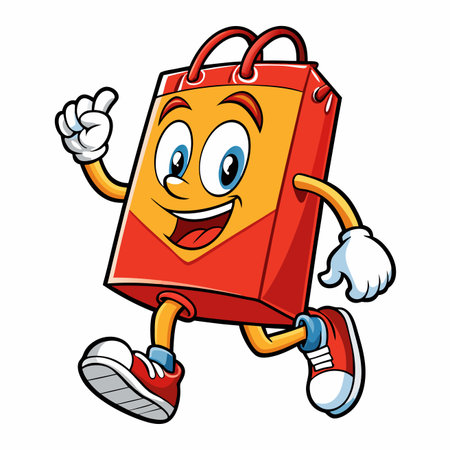Vibrant red &amp; yellow cartoon shopping bag mascot, happy face, running with a thumbs-up gestureのイラスト素材