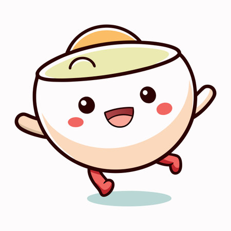 A cheerful, cute cartoon white bowl with green contents and a yellow lid, smiling and happily runningのイラスト素材