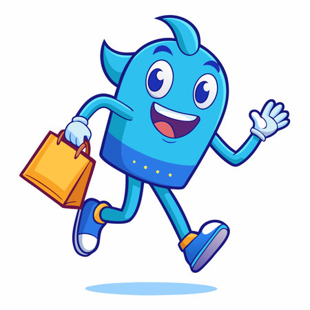 Joyful blue cartoon character with pointy fins, white gloves, blue shoes, holding a yellow shopping bag, runningのイラスト素材