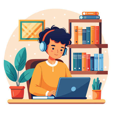 Vibrant illustration of a person with headphones typing on a laptop at a desk with books and plantsのイラスト素材