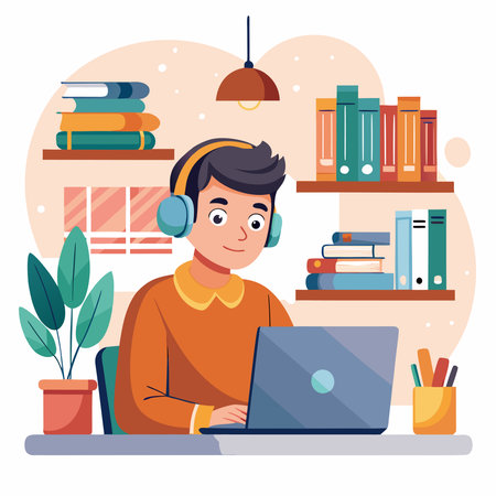 Smiling young person in headphones works on a laptop at a desk, surrounded by books and a plant, studyingのイラスト素材