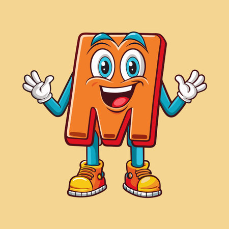 Happy cartoon letter M character with blue arms, white gloves, and orange shoes standing on a beige backgroundのイラスト素材