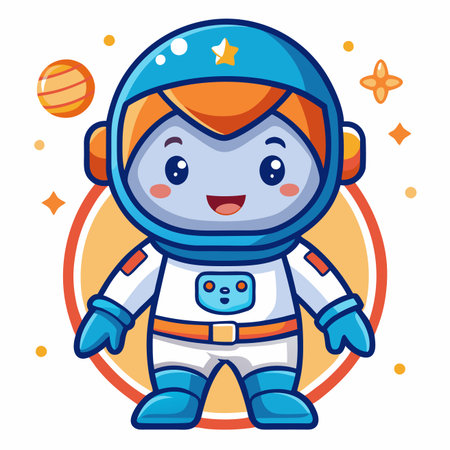 Cute cartoon astronaut in a white and blue suit, with a planet, stars, and an orange circle backgroundのイラスト素材