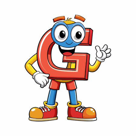 Friendly red letter G cartoon character with blue face, yellow arms/legs, and sneakers gives a thumbs-upのイラスト素材