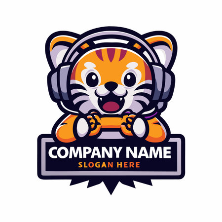 Vibrant cartoon tiger mascot with gaming headset and controller, ready to play, peeking above a bannerのイラスト素材