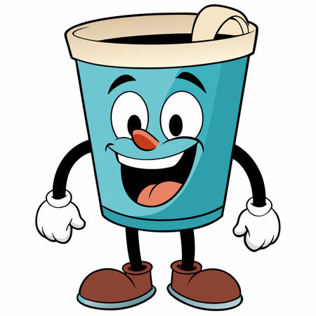 Cartoon takeaway drink cup, light blue, with a smiling face, big eyes, arms, and legs, standing cheerfullyのイラスト素材